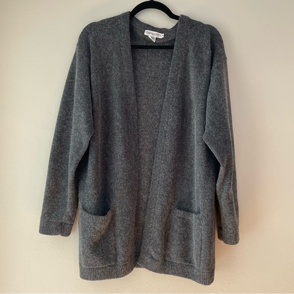 Vintage Sweaters - Vintage 90s Lambswool Angora Rabbit Hair Open Front Cardigan Pockets Gray M